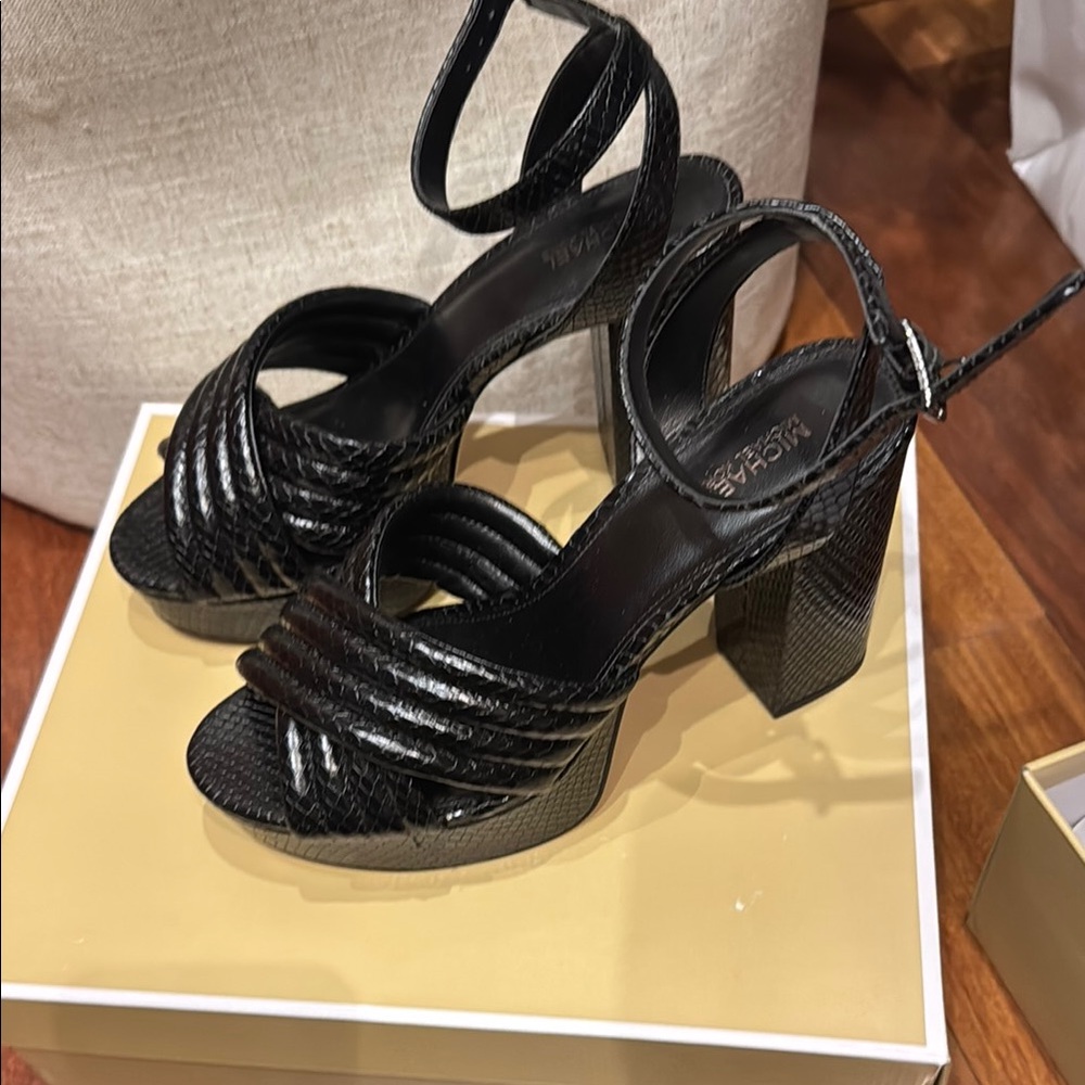 Michael Kors Black Chunky Heel Sandals on a platform